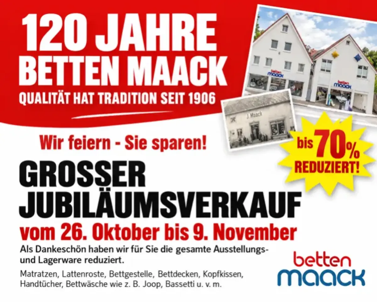 Großer Jubiläumsverkauf - 120 Jahren Betten Maack vom 26. Oktober bis 9. November 2026 - bis -70% 